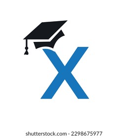Initial Letter X Education Logo Design Combine With Graduation Hat Icon Vector Template