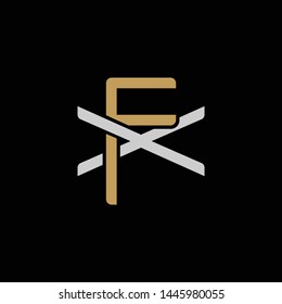 Initial letter X and F, XF, FX, overlapping interlock logo, monogram line art style, silver gold on black background