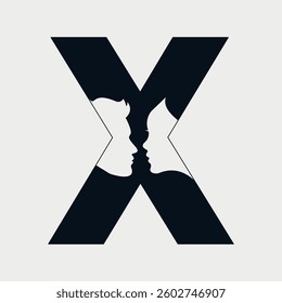Initial Letter X Face logo design. Male and Female Faces design concept alphabet font. Vector Illustration.