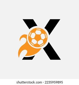 Initial Letter X Football Logo Concept With Moving Football Icon and Fire symbol. Soccer Logotype Vector Template