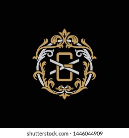 Initial letter X and G, XG, GX, decorative ornament emblem badge, overlapping monogram logo, elegant luxury silver gold color on black background