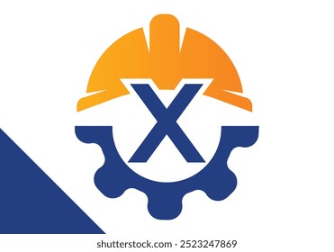 Letra inicial X com engrenagem e capacete. Vetor de design de logotipo de engenharia de engrenagens