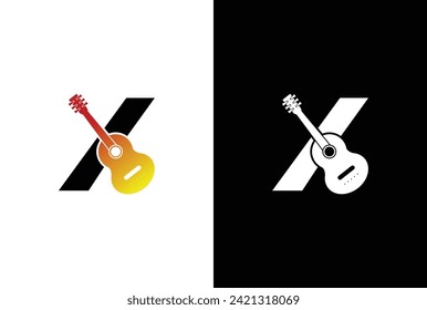 Initial Letter X with Guitar logo design. Music company with X letter guitar logo design template for brand or company and other.