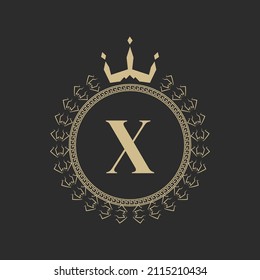 Initial Letter X Heraldic Royal Frame with Crown and Laurel Wreath. Simple Classic Emblem. Round Composition. Graphics Style. Art Elements for Logo Design Vector Illustration