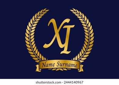 Initial letter X and I, XI monogram logo design with laurel wreath. Luxury golden calligraphy font.