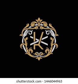 Initial letter X and K, XK, KX, decorative ornament emblem badge, overlapping monogram logo, elegant luxury silver gold color on black background