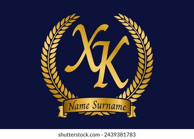 Anfangsbuchstabe X und K, XK-Monogramm-Logo-Design mit Lorbeerkranz. Luxus goldenes Emblem mit Kalligraphie Schriftart.