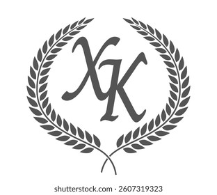 Initial letter X and K, XK monogram logo design with laurel wreath. Luxury calligraphy font.