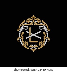 Initial letter X and L, XL, LX, decorative ornament emblem badge, overlapping monogram logo, elegant luxury silver gold color on black background