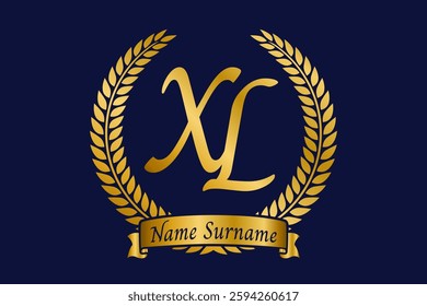 Initial letter X and L, XL monogram logo design with laurel wreath. Luxury golden calligraphy font.