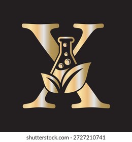 Letra inicial X desenho do logotipo do laboratório combinam com tubo de ensaio e símbolo da folha