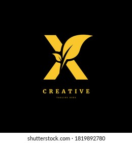 letra inicial X con elemento de concepto vector logo hoja, logotipo de letra X con hoja orgánica