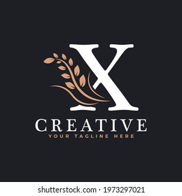 Initial Letter X Linked Monogram Golden Laurel Wreath Logo. Graceful Design for Restaurant, Cafe, Brand name, Badge, Label, luxury identity