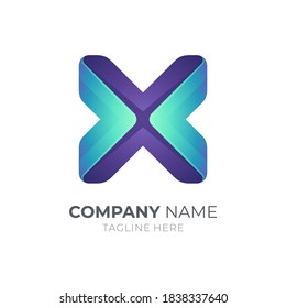 Initial letter X logo with 3d shape in gradient blue and purple color