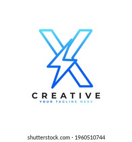Logotipo de la letra inicial X con perno de trueno iluminante de estilo lineal. Alfabeto Adecuado para Rápido, Potencia, Flash, Eléctrico, Identidad, Movimiento y Velocidad.