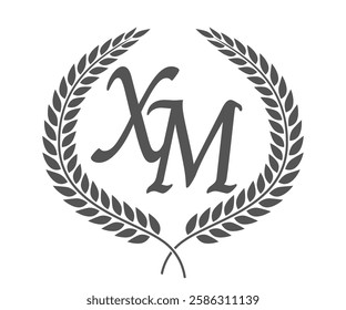 Initial letter X and M, XM monogram logo design with laurel wreath. Luxury calligraphy font.