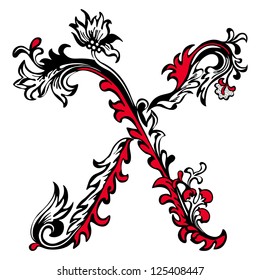 Initial letter X on a white background. Abstract vector floral pattern