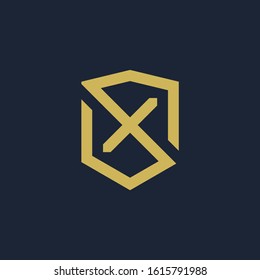initial Letter X with Shield frame line art element. Shield Line geometry  for Security logo. Logo Icon Template for Web and Business Card, Letter Logo Template on Black Background. - vector