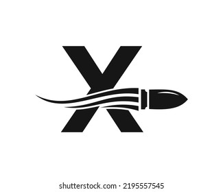 Initialbuchstabe X mit dem Bullet-Logo mit Concept Weapon für das Sicherheits- und Schutzsymbol