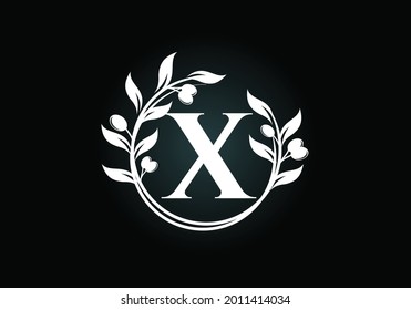 Initial letter X sign symbol with olive branch wreath. Round floral frame made by the olive branch. Agriculture industry logo design vector template. Olive oil label