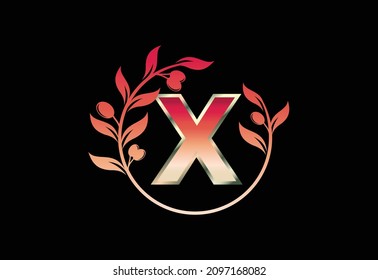 Símbolo de signo de la letra inicial X con flor de rama de olivo, marco floral redondo hecho por la rama de olivo