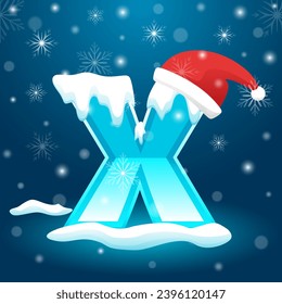 Letra inicial X con copo de nieve y elemento Santa hat, ilustración vectorial de plantilla de nevado. Alfabeto con plantilla vectorial de nieve.  Vector de texto invernal utilizable para Año Nuevo o Navidad.