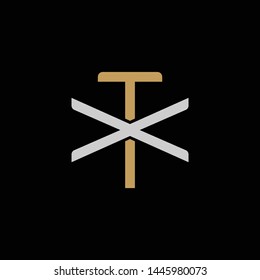 Initial letter X and T, XT, TX, overlapping interlock logo, monogram line art style, silver gold on black background