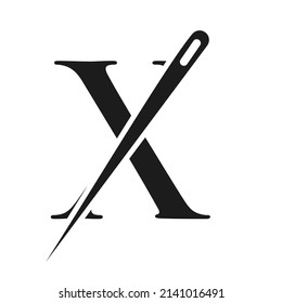 Logotipo de letra inicial X sastre, combinación de aguja y hilo para bordado, textil, de moda, de tela, plantilla de tela