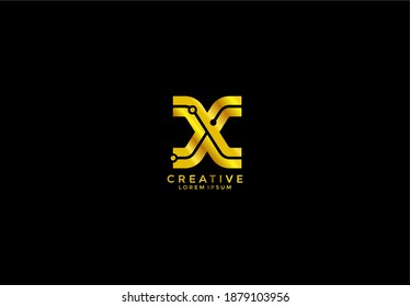 Plantilla de diseño de logotipo de estilo técnico de carta inicial X Dorado