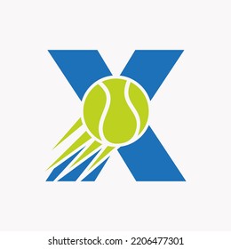 Letra inicial X Concepto De Logo De Tenis Con Icono De Pelota De Tenis En Movimiento. Plantilla de vectores de logotipo deportivo para deportes de tenis