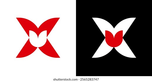 Initial letter X tulip love heart book logo template black white red	