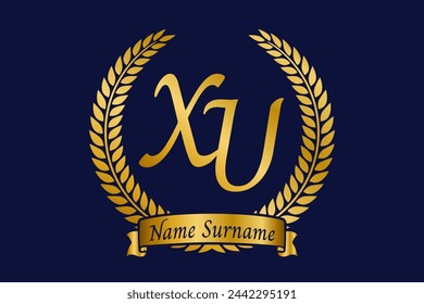 Anfangsbuchstabe X und U, XU Monogramm Logo Design mit Lorbeerkranz. Luxuriöse goldene Kalligrafie Schriftart.