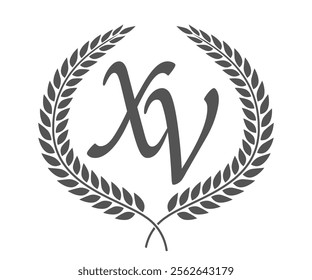 Initial letter X and V, XV monogram logo design with laurel wreath. Luxury calligraphy font.
