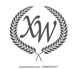 Letra inicial X e W, design do logotipo do monograma XW com coroa de louro. Fonte de caligrafia de luxo.