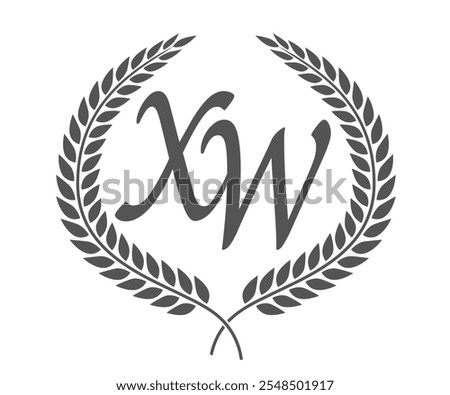 Initial letter X and W, XW monogram logo design with laurel wreath. Luxury calligraphy font.