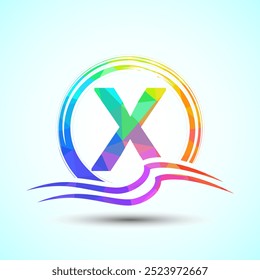 Initial letter X with water ocean waves and the sun. Beach logo design concept