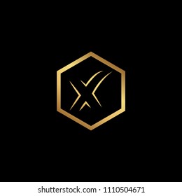Initial letter X XX minimalist art monogram Hexagon shape logo, gold color on black background
