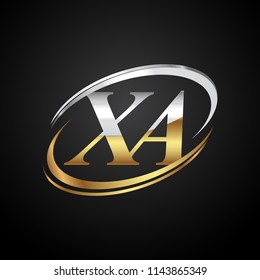 initial letter XA logotype company name colored gold and silver swoosh design. isolated on black background.