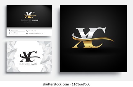 initial letter XC logotype company name colored gold and silver swoosh design. Vector sets for business identity on white background.
