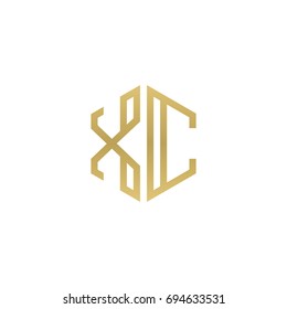 Initial letter XC, minimalist line art hexagon shape logo, gold color