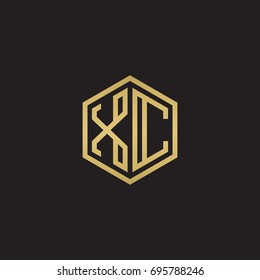 Initial letter XC, minimalist line art hexagon logo, gold color on black background