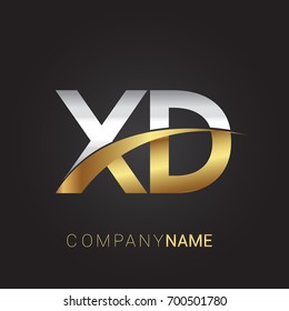 initial letter XD logotype company name colored gold and silver swoosh design. isolated on black background.