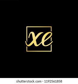 Initial letter XE EX minimalist art monogram shape logo, gold color on black background