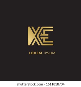 Initial Letter XE linked uppercase overlap modern gold logo vector design template. Suitable for business, consulting group company.
