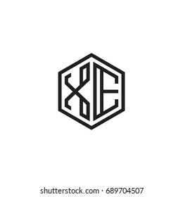 Initial letter XE, minimalist line art monogram hexagon logo, black color