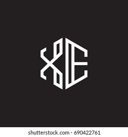 Initial letter XE, minimalist line art monogram hexagon shape logo, white color on black background