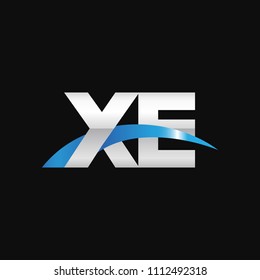 Initial letter XE, overlapping movement swoosh logo, metal silver blue color on black background