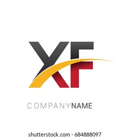 initial letter XF logotype company name colored red, black and yellow swoosh design. isolated on white background.
