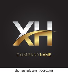 initial letter XH logotype company name colored gold and silver swoosh design. isolated on black background.