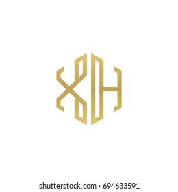 Initial letter XH, minimalist line art hexagon shape logo, gold color